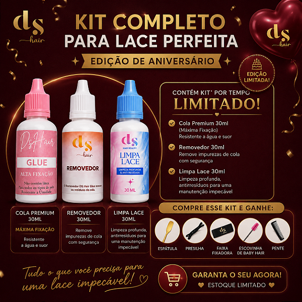 Cola DS Hair Glue Rosinha 30ml + Removedor 30ml + Limpa Lace 30ml
