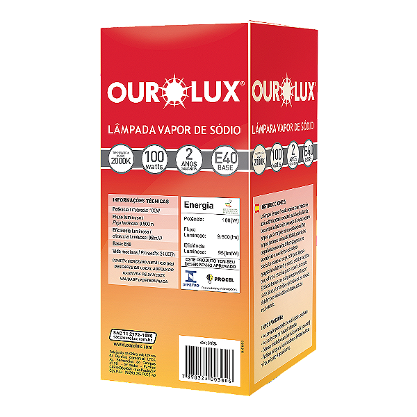 Lâmpada Sódio Ovoide 100W E40 Ourolux.