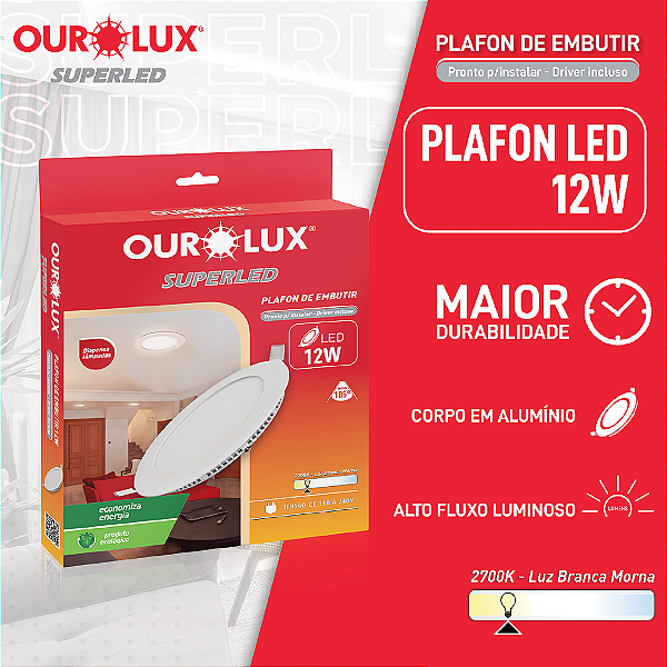 Plafon Superled Embutir 12W bivolt 2700K Redondo Ø 17cm.
