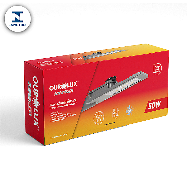 Luminária Pública LED 50W IP66 bivolt 4000K base rele com INMETRO.