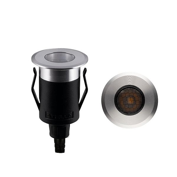 Balizador de solo chão LED Way UP recuado redondo com grade antiofuscante 24° externo 3000K 1W bivolt IP67 Ø4,1X7,3cm alumínio prata.