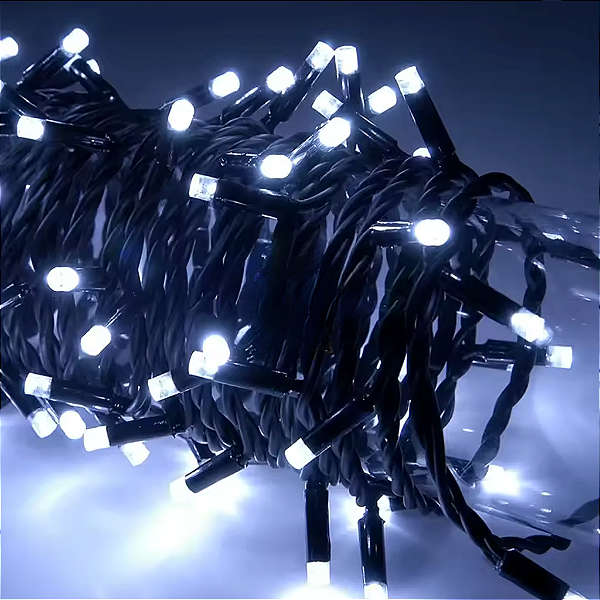 Pisca de Natal 100 Leds branco frio 8 Funções fio verde conector macho e fêmea 10 Metros 127V.