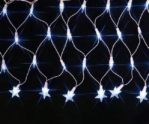 Cascata com 120 LEDs Branco Frio 8 funções 4,5mx0,50m com estrelas na ponta 127V.