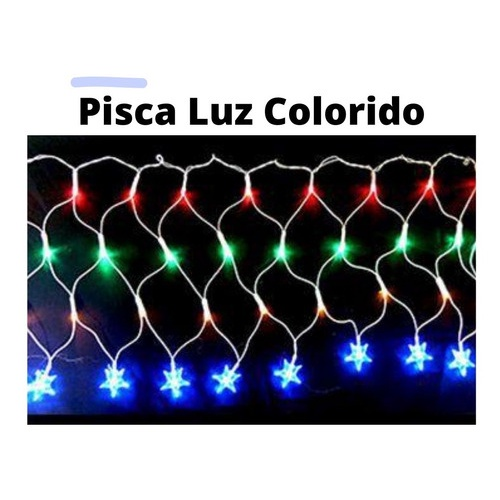 Cascata com 120 LEDs Colorido 8 funções 4,5mx0,50m com estrelas na ponta 220V.