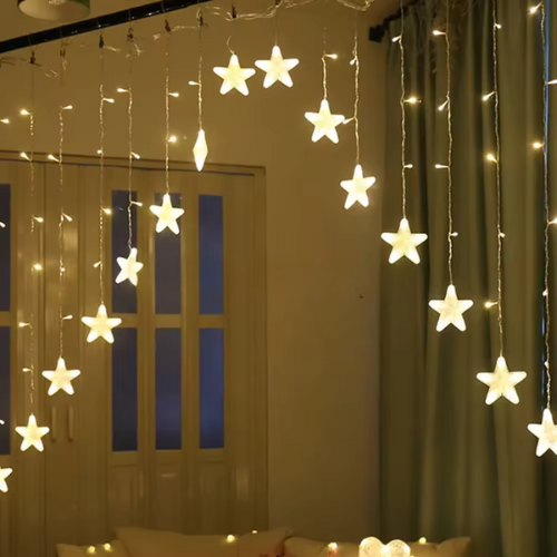 Cortina com 224 LEDs Branco quente fio de Fada com estrela na ponta 3m x 1,2m bivolt.