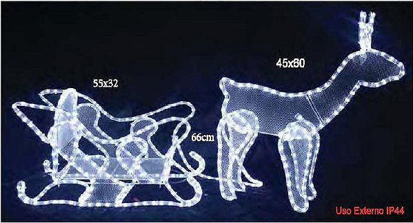 Armação De Rena com trenó 42 LEDs Branco frio strobinhos bivolt IP44 uso externo.