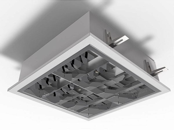 Luminária embutir 28.8cm X 28.8cm alto rendimento com aletas parabólicas duplas para 2 lâmpadas E27.