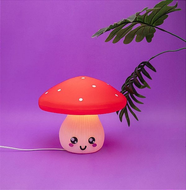 Luminária Cogumelo Kawaii Ø28x22cm Polietileno Vermelho e Branco.