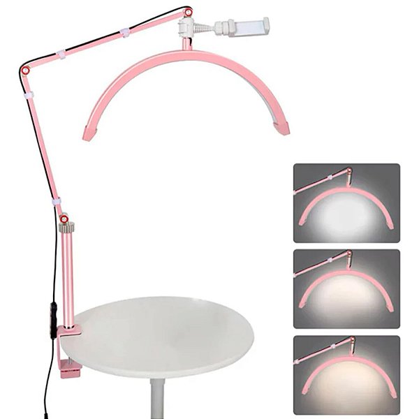 LUMINARIA DE MESA LED MEIA LUA SUSPENSA ARTICULADA ROSA