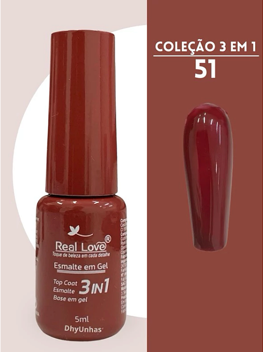ESMALTE EM GEL Nº 051 3 EM 1 BASE/ESMALTE/TOP COAT REAL LOVE 5ML