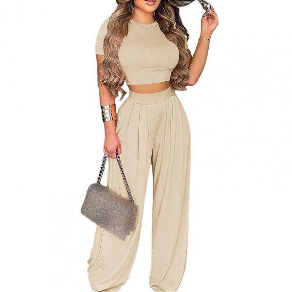 Conjunto Feminino em Alfaiataria Calça Pantalona e cropd de manga valora