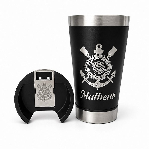 Copo Térmico Corinthians 473ml Personalizado Com Nome e Abridor