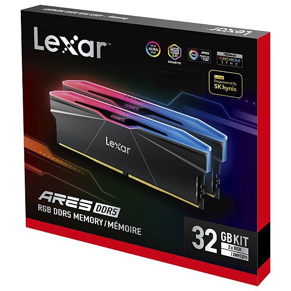 Memória RAM Lexar Ares DDR5 32GB (2x16GB) 7600MHz RGB - Preto