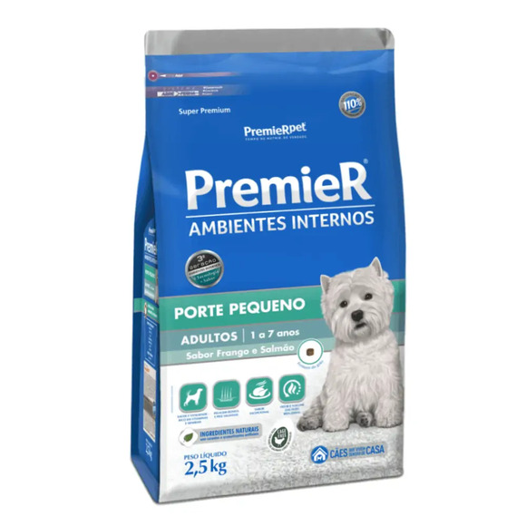 Ração Premier Ambientes Internos Cães Adultos Raças Pequenas Frango e Salmão 2,5 kg