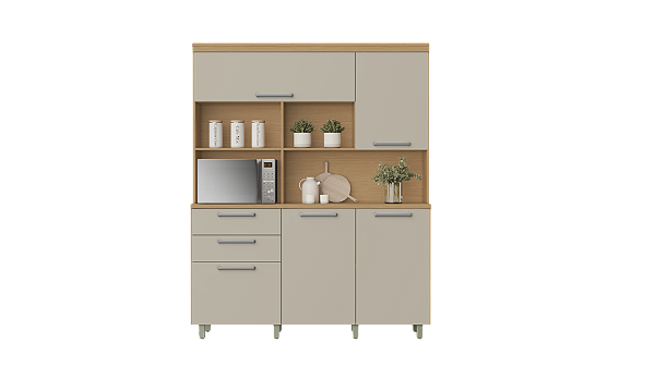 KIT COZINHA 5 PORTAS 2 GAVETAS 160CM 100% MDF NOBREZA CARVALHO-GREIGE NESHER