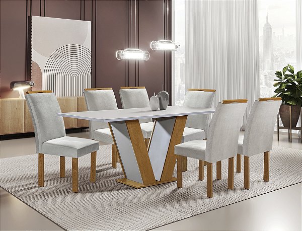 MESA QATAR 1,60X0,80CM C/06 CAD. LONDRES CINAMOMO/OFF WHITE TAMPO LONDRES PLUS VIDRO OFF WHITE