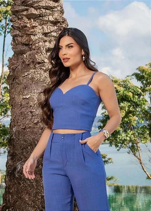 Conjunto Feminino Cropped e Calça Azul Tijuca - Via Sampa