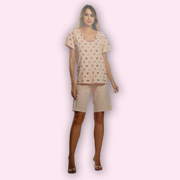 PIJAMA CURTO FEMININO (MANGA CURTA E BERMUDÃO) - CORAÇÃO