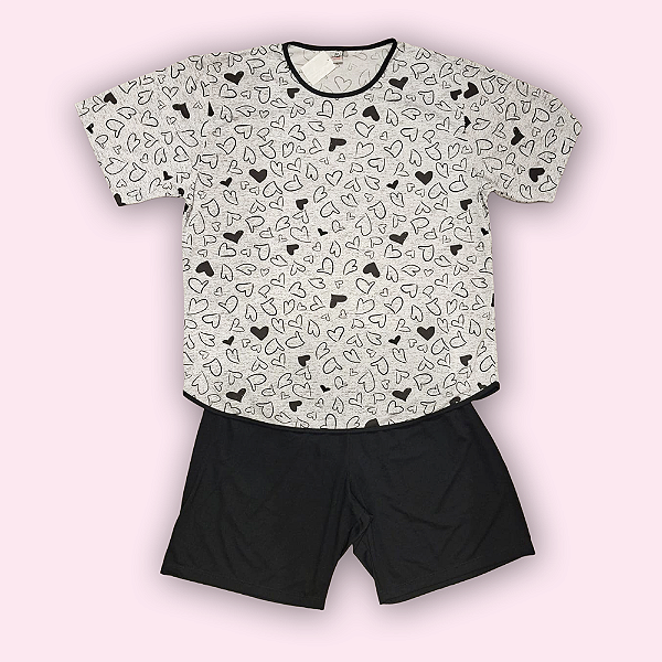 PIJAMA CURTO FEMININO - CORAÇÃO PRETO E CINZA