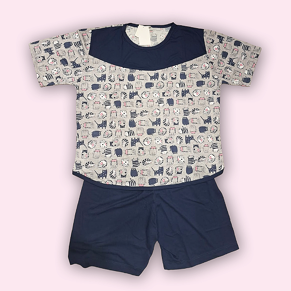PIJAMA CURTO FEMININO - GATO AZUL