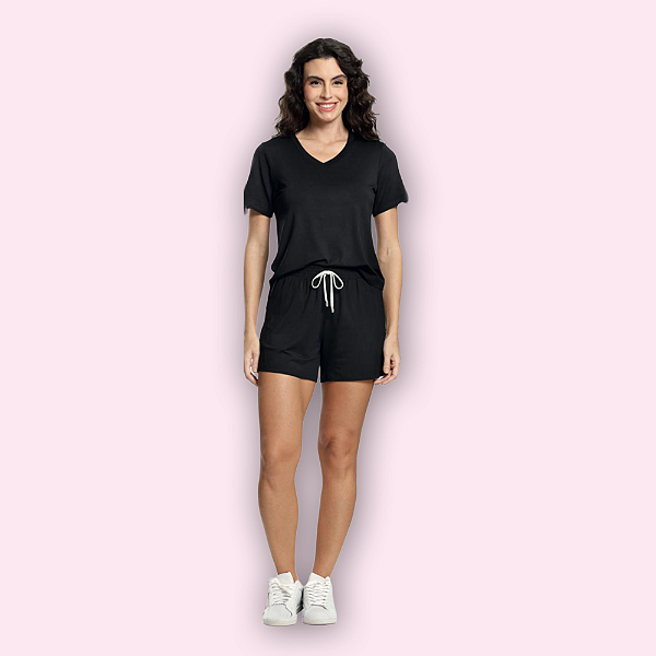 PIJAMA SHORT DOLL FEMININO - PRETO LISO