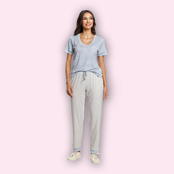 PIJAMA MANGA CURTA CALÇA COMPRIDA FEMININO - CIELO