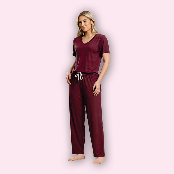 PIJAMA MANGA CURTA CALÇA COMPRIDA FEMININO - CEREJA