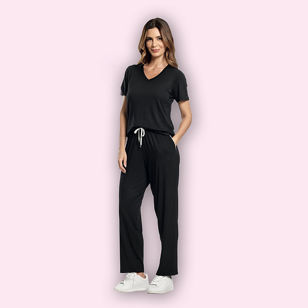 PIJAMA MANGA CURTA CALÇA COMPRIDA FEMININO - PRETO LISO