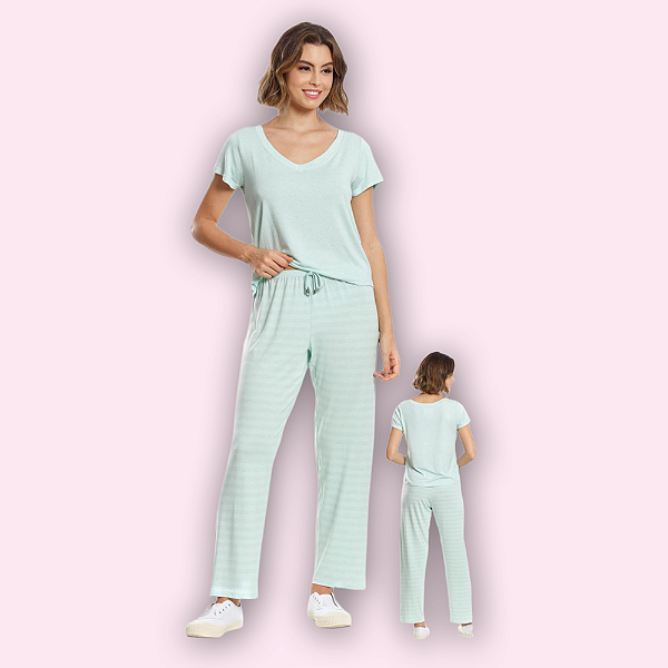 PIJAMA MANGA CURTA CALÇA COMPRIDA FEMININO - PISTACHE
