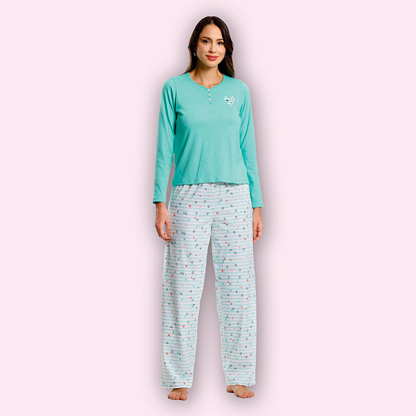PIJAMA LONGO FEMININO - LISTRA VERDE