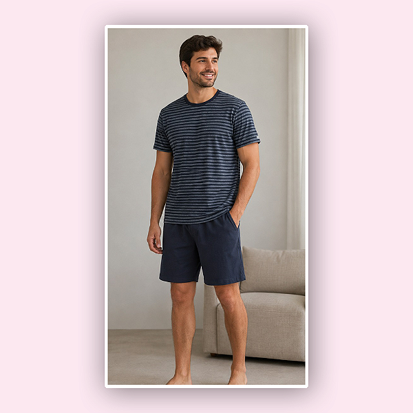 PIJAMA CURTO MASCULINO - LISTRADO PRETO E CINZA CHUMBO