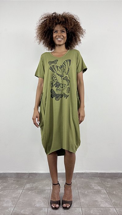Vestido Londres Borboletas - VERDE EXERCITO