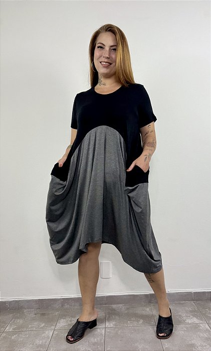 Vestido Balão - PRETO/CINZA