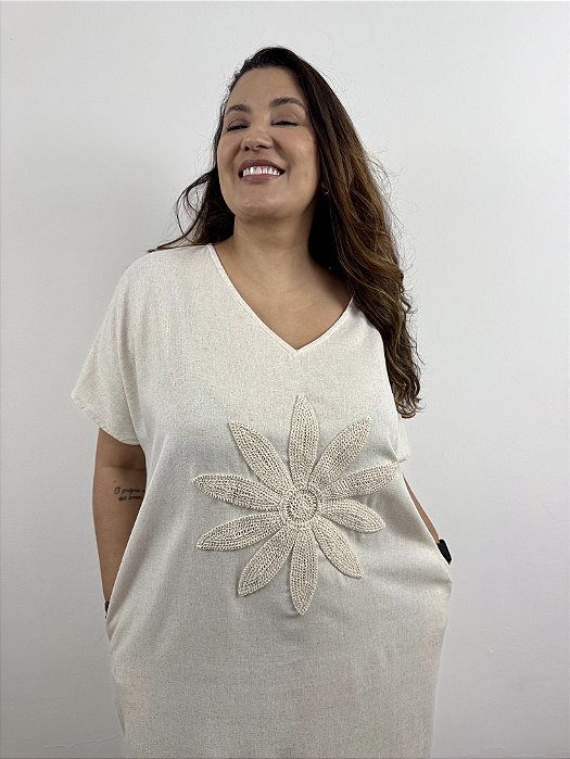 Vestido Básico V Linho Flor - Crochê