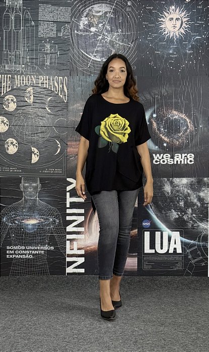 Blusa Ampla Bolso Rosa Amarela - PRETO