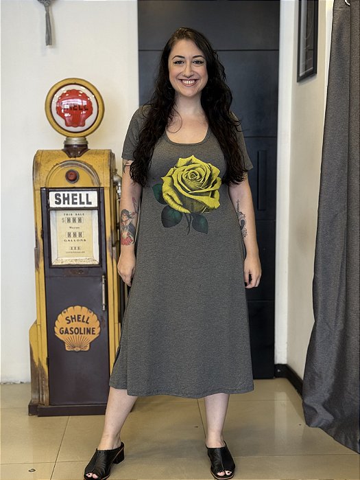 Vestido Ciranda Rosa Amarela - CINZA ESCURO