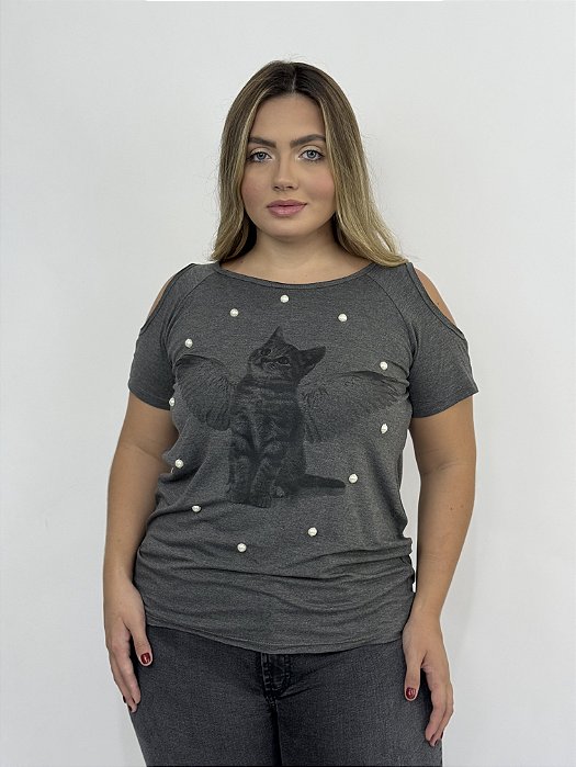 Blusa Ombro Gato Anjo Bordado - CINZA ESCURO