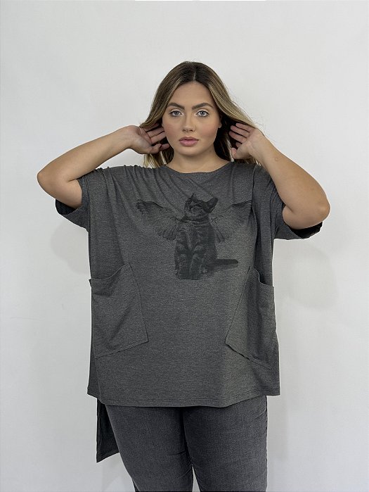 Blusa Ampla Bolso Gato Anjo - CINZA ESCURO