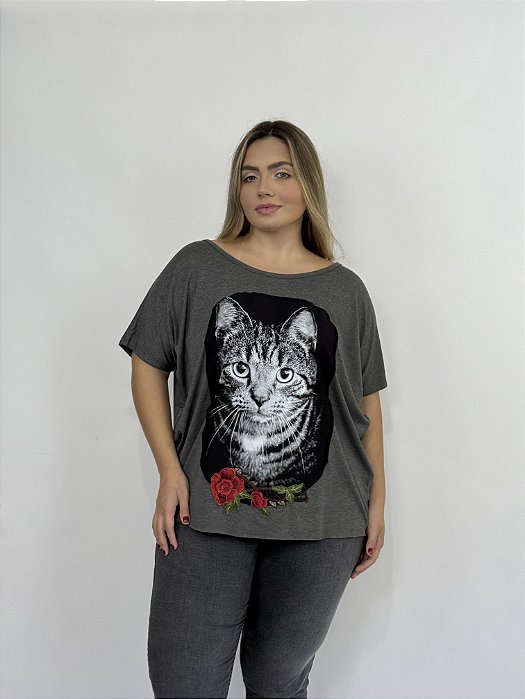 Blusa Tule Costas Gato Bordado - CINZA ESCURO