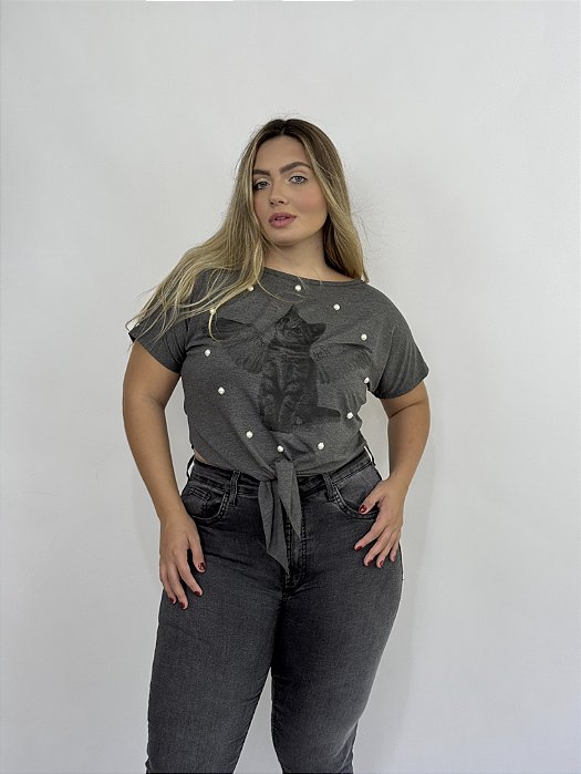 Croped Amarrar Gato Anjo Bordado - CINZA ESCURO