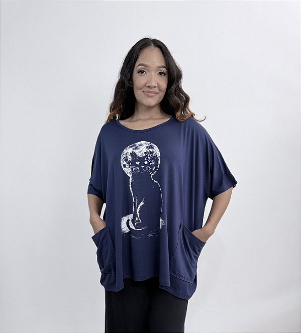 Blusa Quadrada Gato Lua - AZUL MARINHO