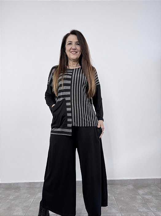Blusa Dupla Bolso Listras - PRETO/CINZA