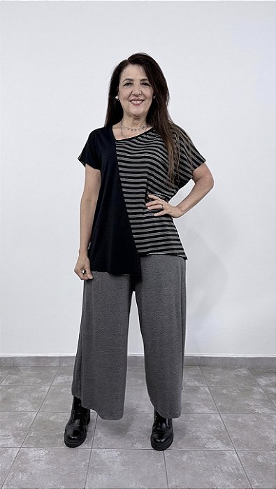 Blusa Gola torta Listras - PRETO/CINZA