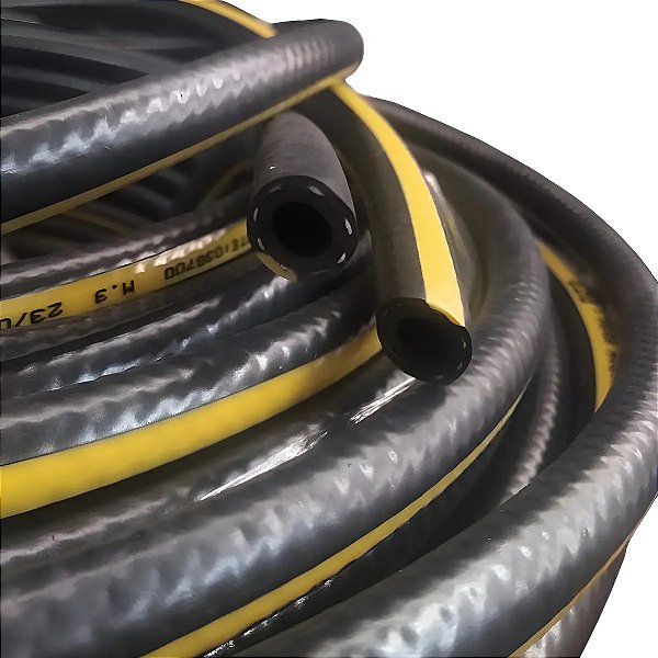 Mangueira Pvc Flexivel Para Compressor 1/4 400 Psi 50 Metros Preto Com Faixas Amarela