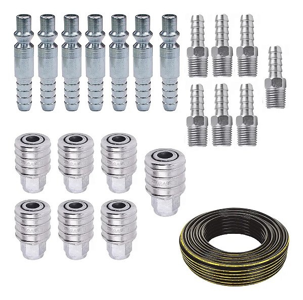 Kit Mangueira De Ar Compressor Espigão Engate Rápido E Pinos