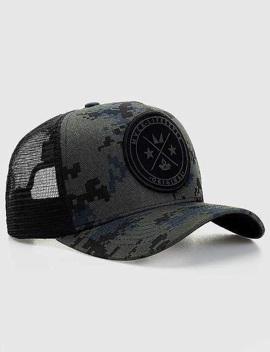 Boné Trucker Brasão Camuflado Geometric Tela MVCK