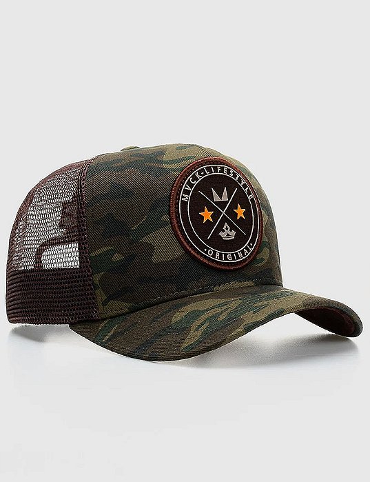 Boné Trucker Brasão Camuflado Tela MVCK