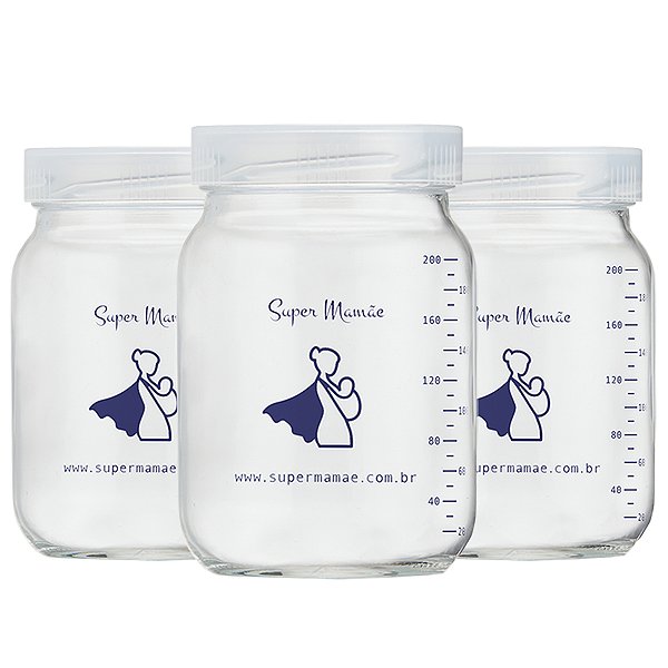 Kit 3 Potes de Vidro para Leite Materno Super Mamãe 200ml com Graduação