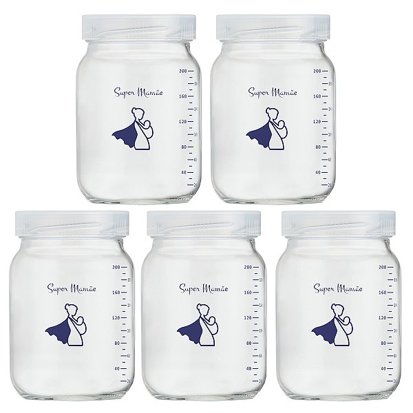 Kit 5 Potes de Vidro para Leite Materno Super Mamãe 200ml com Graduação