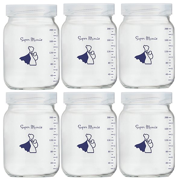 Kit 6 Potes de Vidro para Leite Materno Super Mamãe 200ml com Graduação